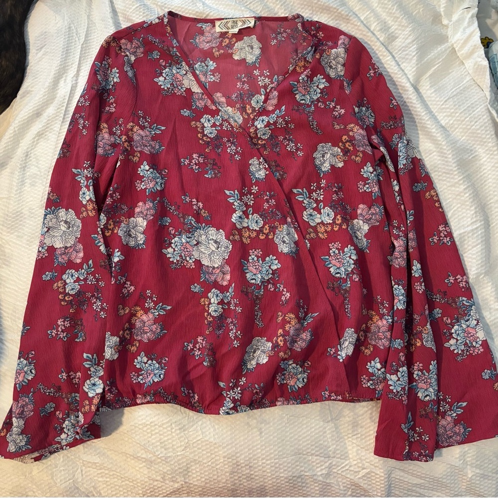 Pink Rose Floral V-Neck Blouse - Red